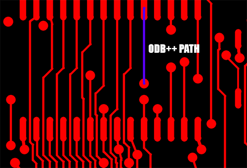 a PCB top layer snapshot shown using the VUV ODB++ viewer. The blue highlighted line is a trace between two pads.